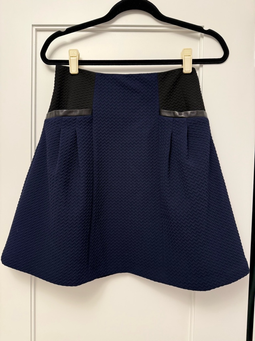Nanette Lepore Textured Navy A-Line Skirt with Black Waist Panels